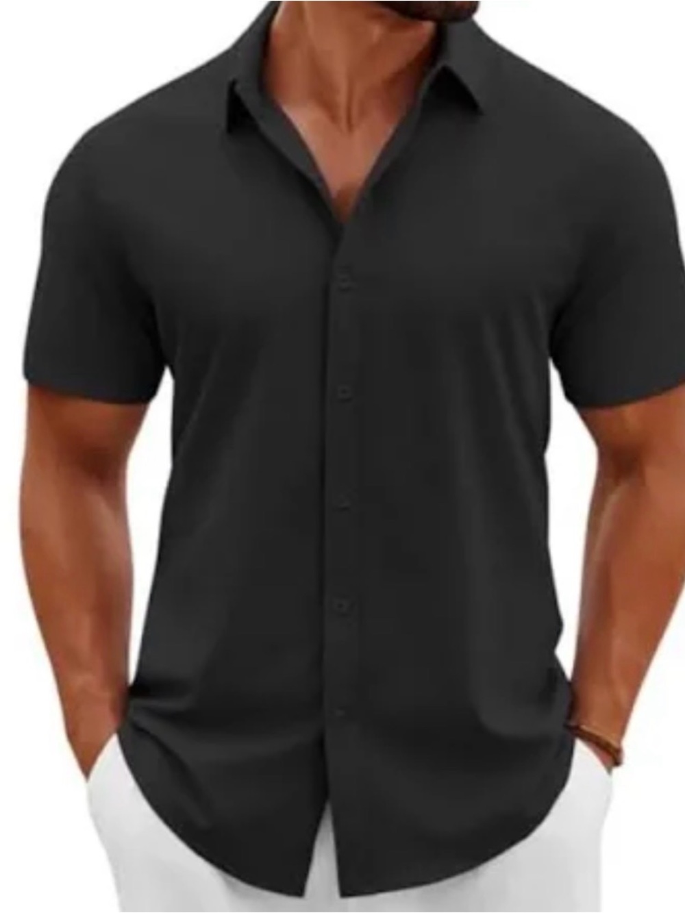 Men's Black Short-Sleeve Casual Button-Down Shirt